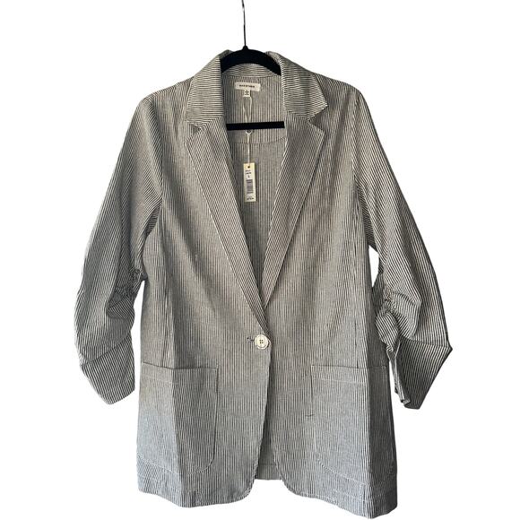 Max Studio Women’s Size Large Striped Linen Blend Blazer 3/4 Ruched Sleeves - Picture 1 of 8